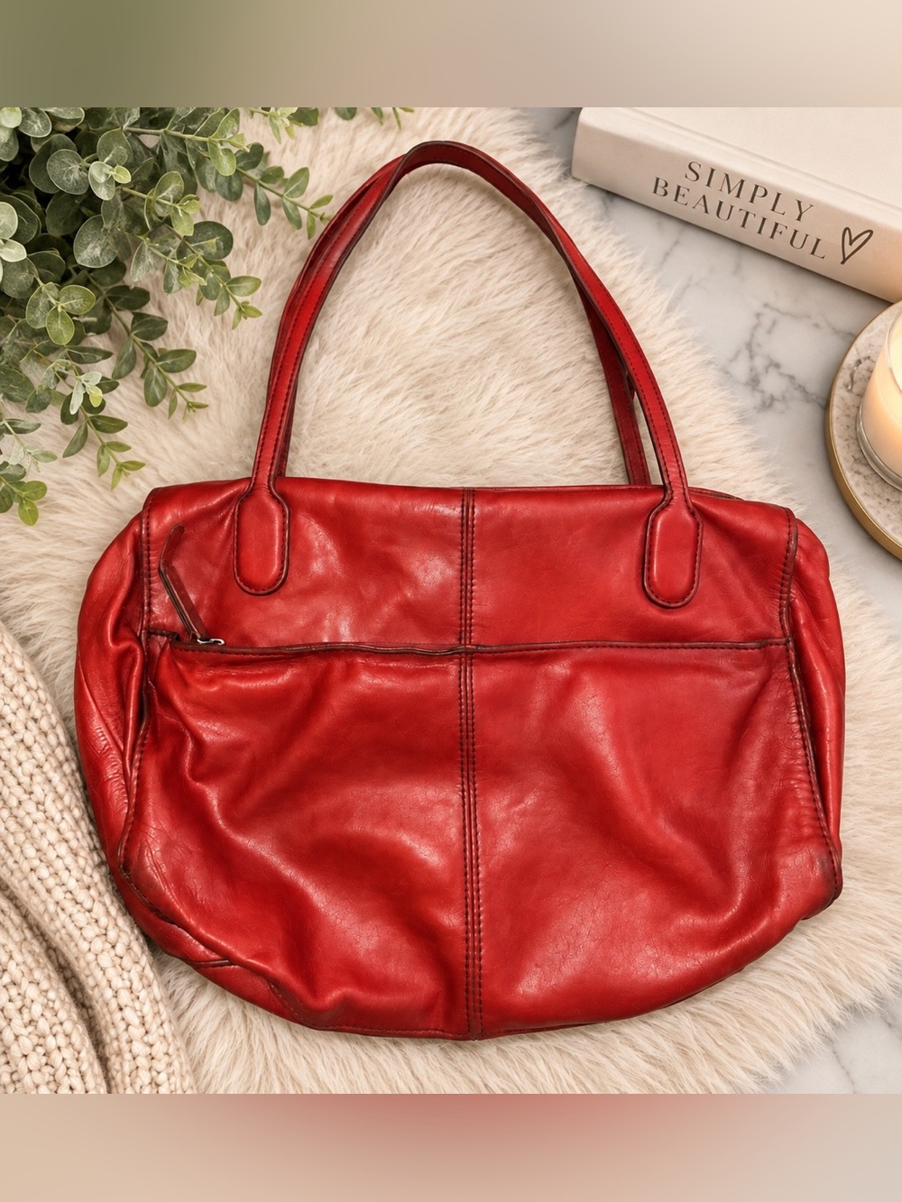 ❤️ HOBO The Original Red Leather Satchel Shoulder Bag Floral Lining